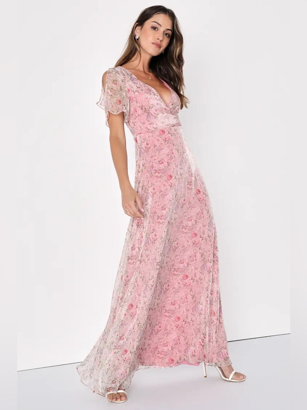 Lulus Dreamiest Desires Pink Floral Flutter Sleeve Maxi Dress Size Large EUC